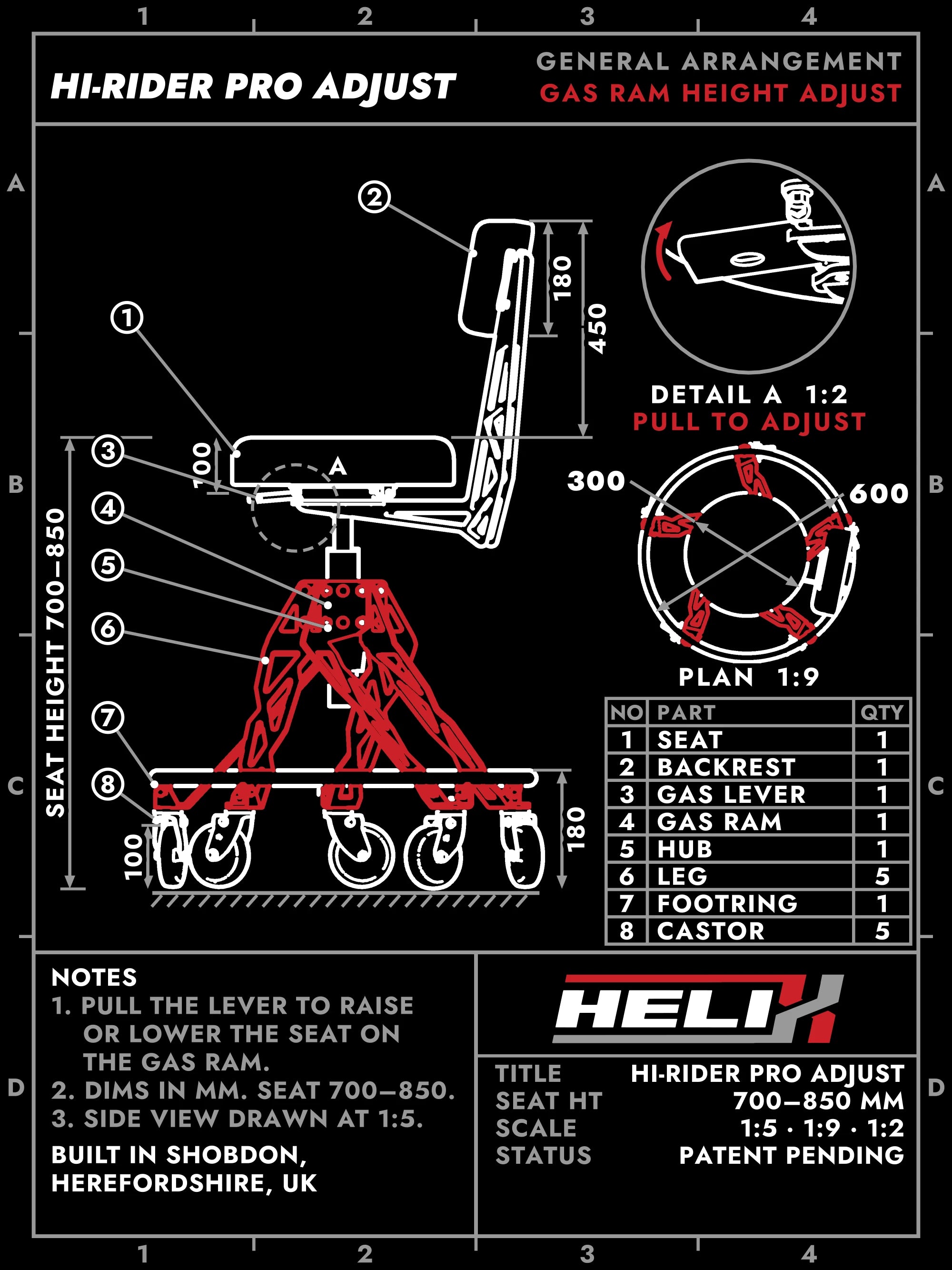 General-arrangement drawing, Hi-Rider Pro Adjust, seat height 700–850 mm
